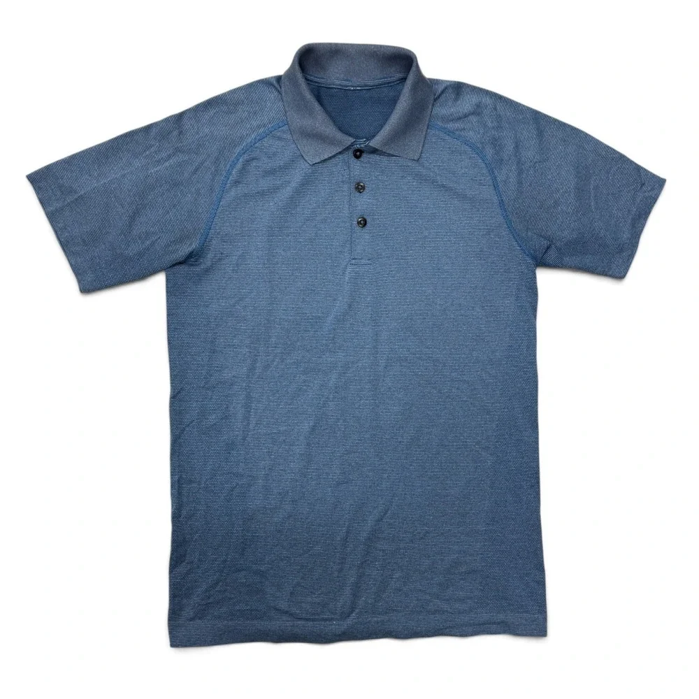 Lululemon Mens Metal Vent Tech Polo Shirt Mens Small Blue Stripe Short Sleeve